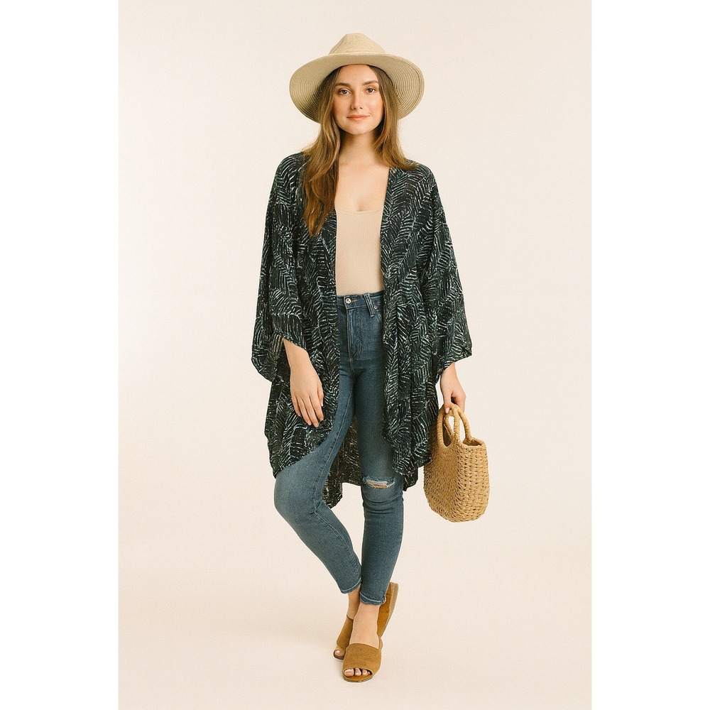 Asher Women's Kimono Cardigan Duster Cover Up‎ Palm Leaf Print S